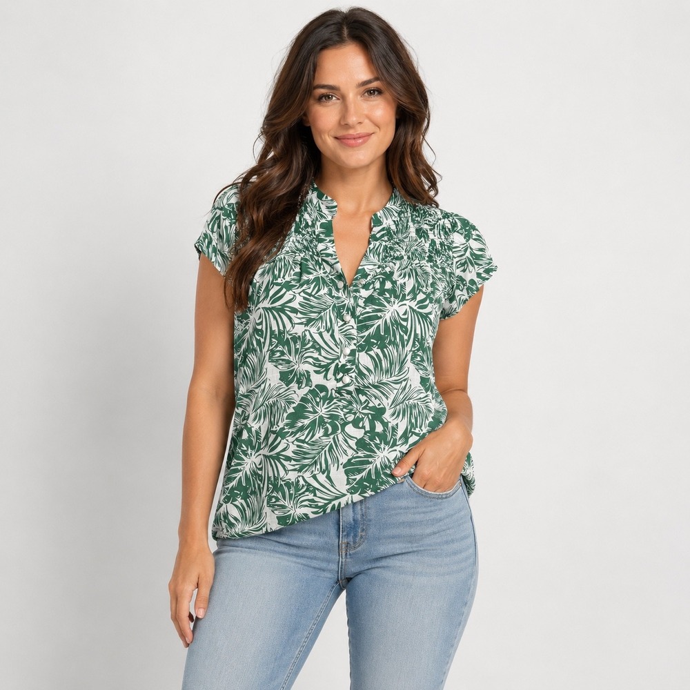 NY Collection Blouse M Green Tropical Palm Smocked Mixed Media Cap Sleeve